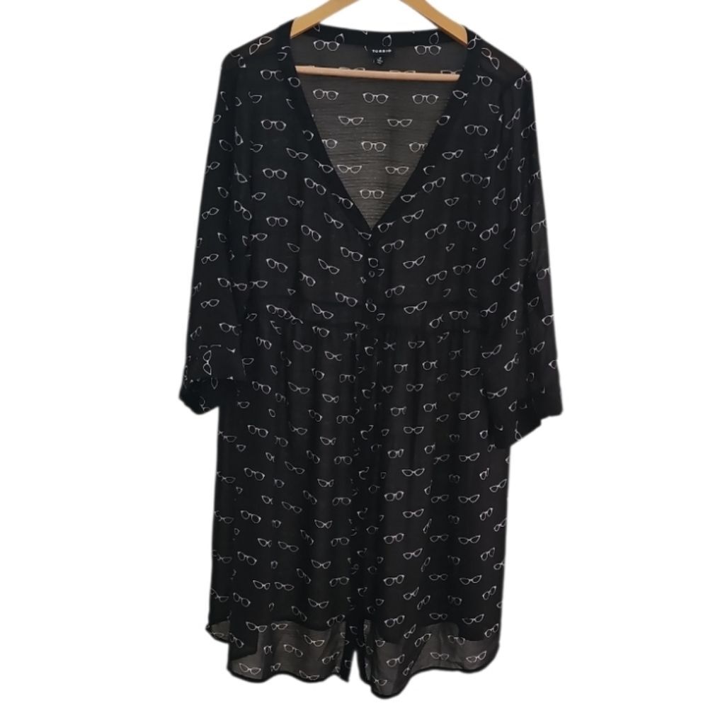 Torrid Sheer Button Front Dress 2X Black White Print Fit & Flare Whimsy Mod